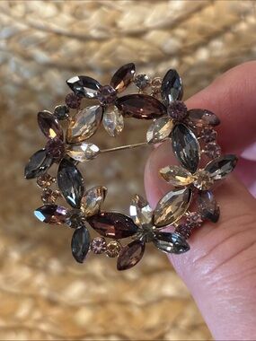 Crystal Floral Wreath Brooch - Pink and Smoke Tones new without tags
